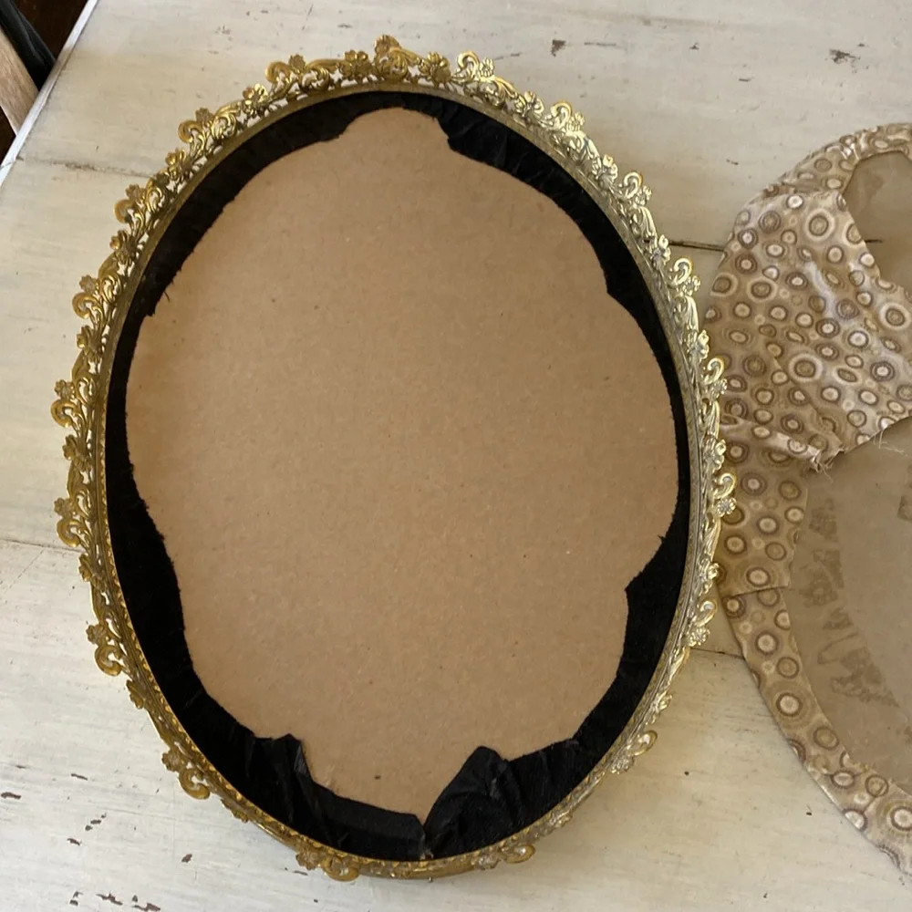 Vintage Oval Gold Metal Floral and Scrolls Vanity Tray - Oval Frame -